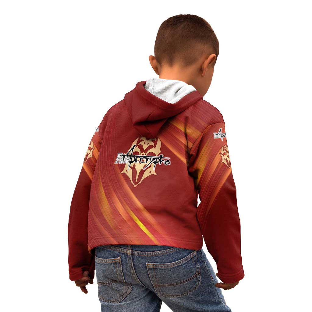 Saber of Red Fate Apocrypha Theme Kid Hoodie with Sword Pose and Fiery Red Gradient Graphic Design - The Mazicc
