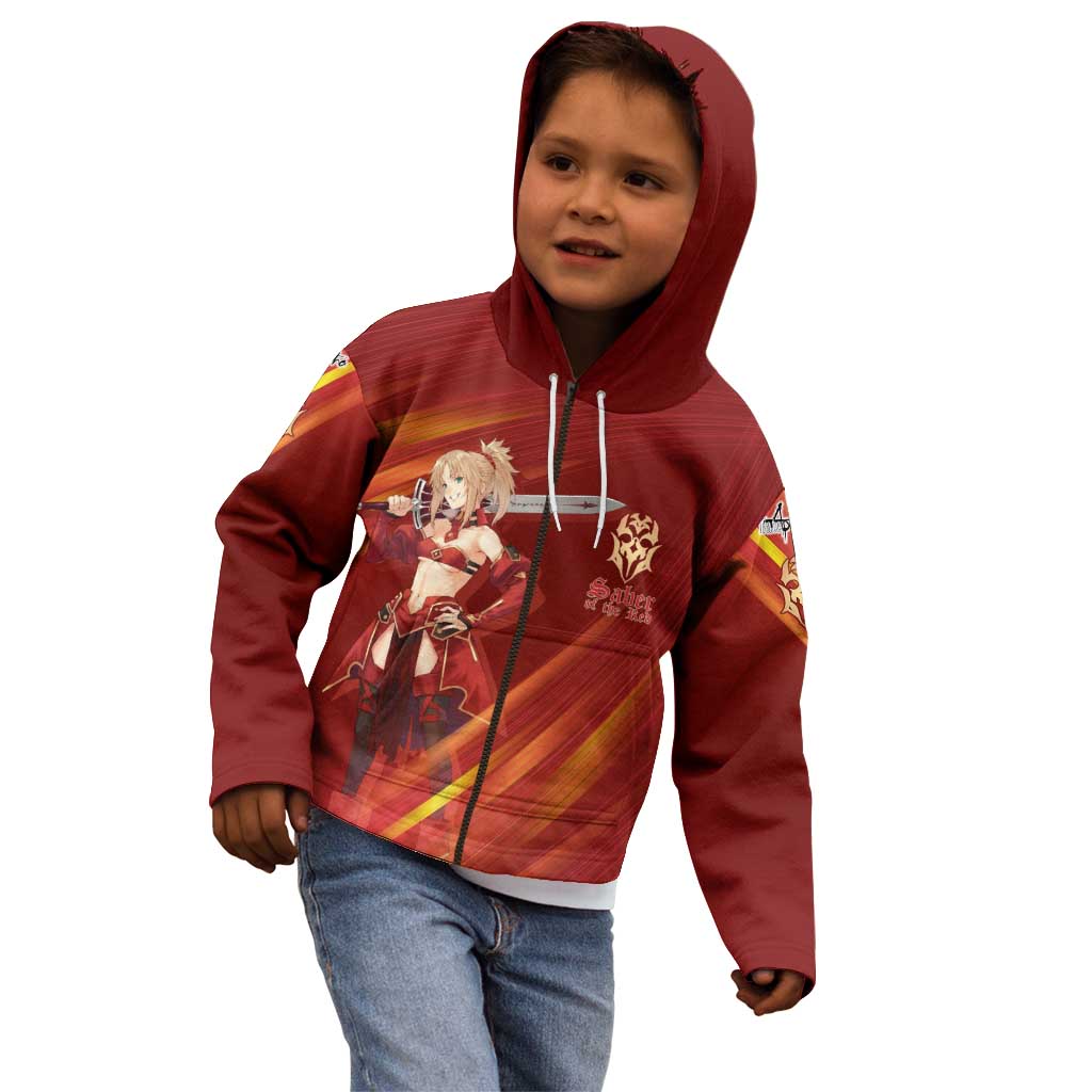 Saber of Red Fate Apocrypha Theme Kid Hoodie with Sword Pose and Fiery Red Gradient Graphic Design - The Mazicc