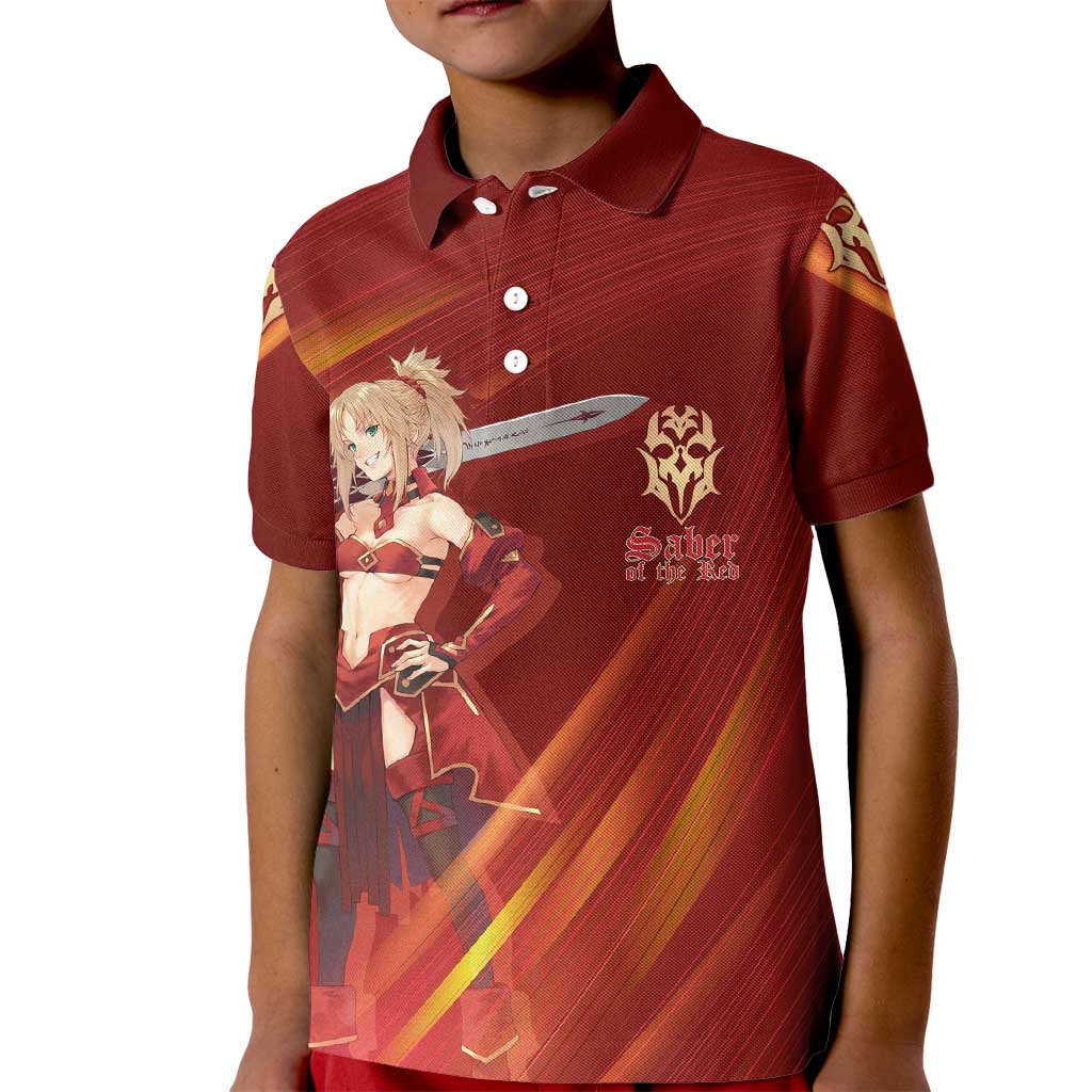 Saber of Red Fate Apocrypha Theme Kid Polo Shirt with Sword Pose and Fiery Red Gradient Graphic Design - The Mazicc