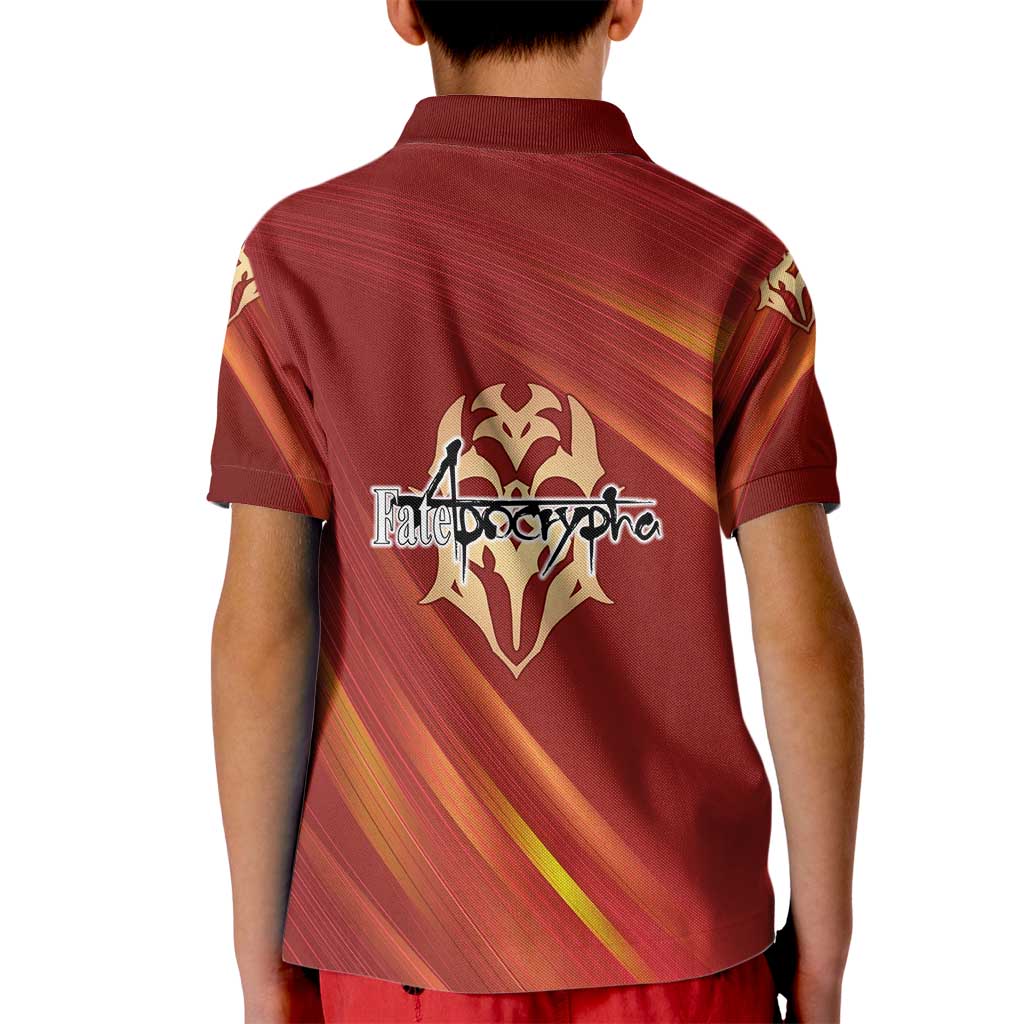 Saber of Red Fate Apocrypha Theme Kid Polo Shirt with Sword Pose and Fiery Red Gradient Graphic Design - The Mazicc
