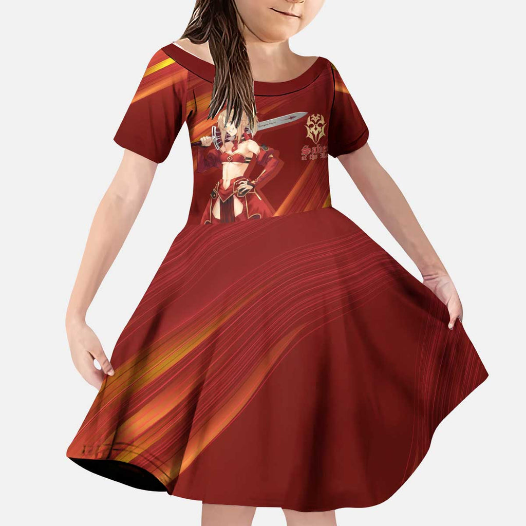 Saber of Red Fate Apocrypha Theme Kid Short Sleeve Dress with Sword Pose and Fiery Red Gradient Graphic Design - The Mazicc