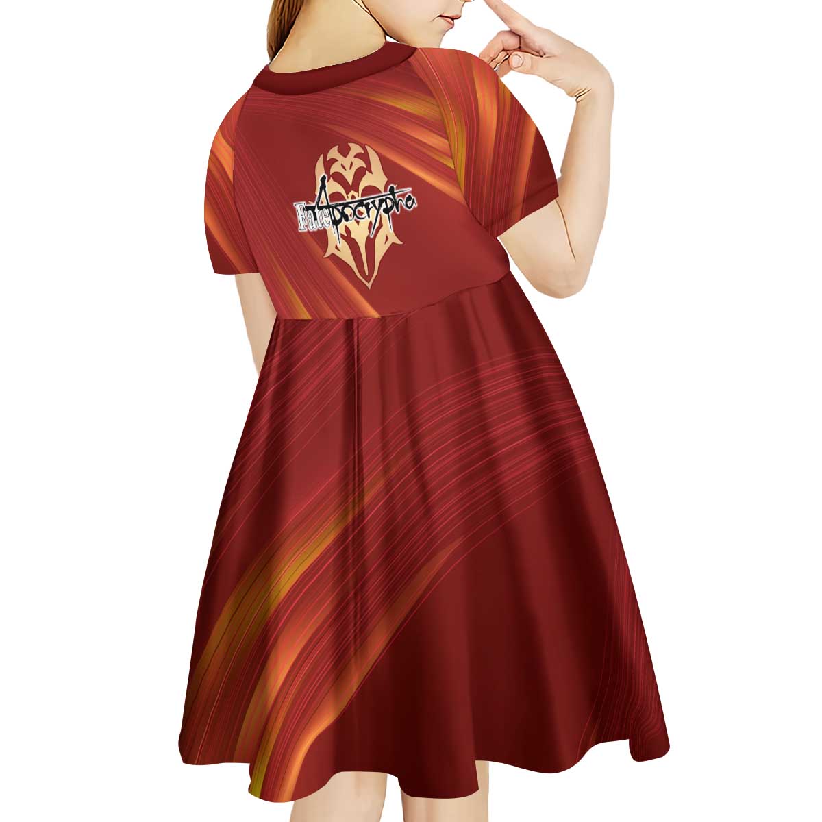 Saber of Red Fate Apocrypha Theme Kid Short Sleeve Dress with Sword Pose and Fiery Red Gradient Graphic Design - The Mazicc