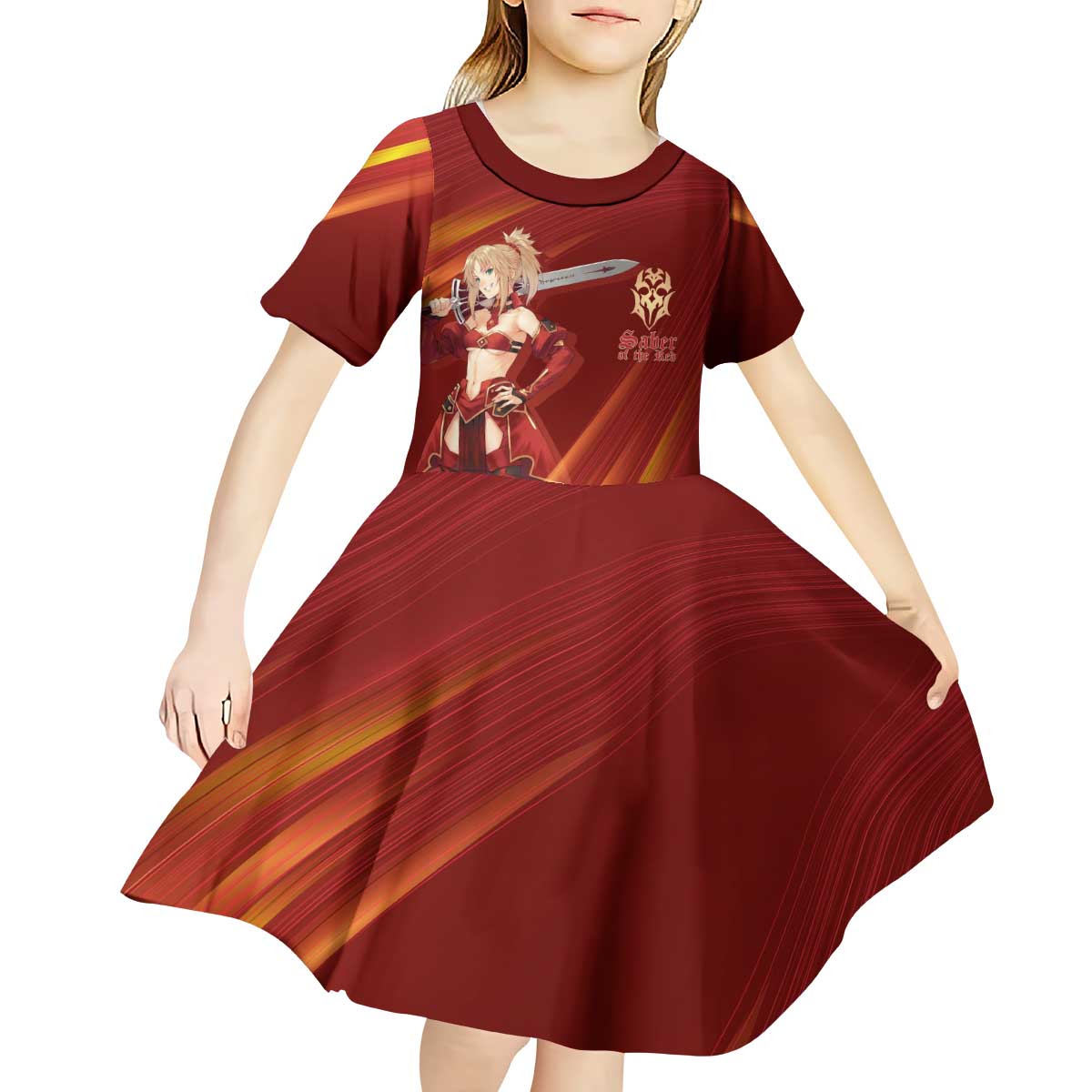 Saber of Red Fate Apocrypha Theme Kid Short Sleeve Dress with Sword Pose and Fiery Red Gradient Graphic Design - The Mazicc