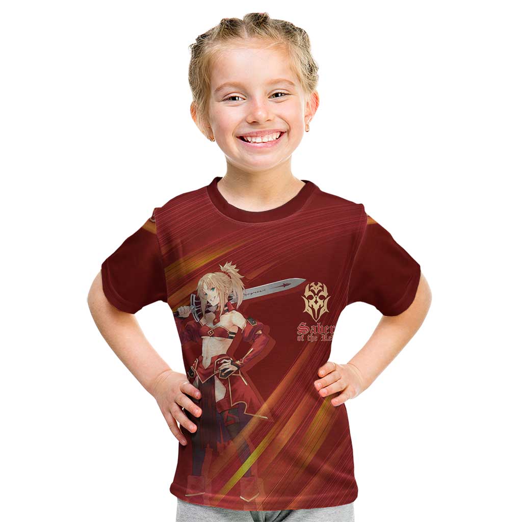 Saber of Red Fate Apocrypha Theme Kid T Shirt with Sword Pose and Fiery Red Gradient Graphic Design - The Mazicc