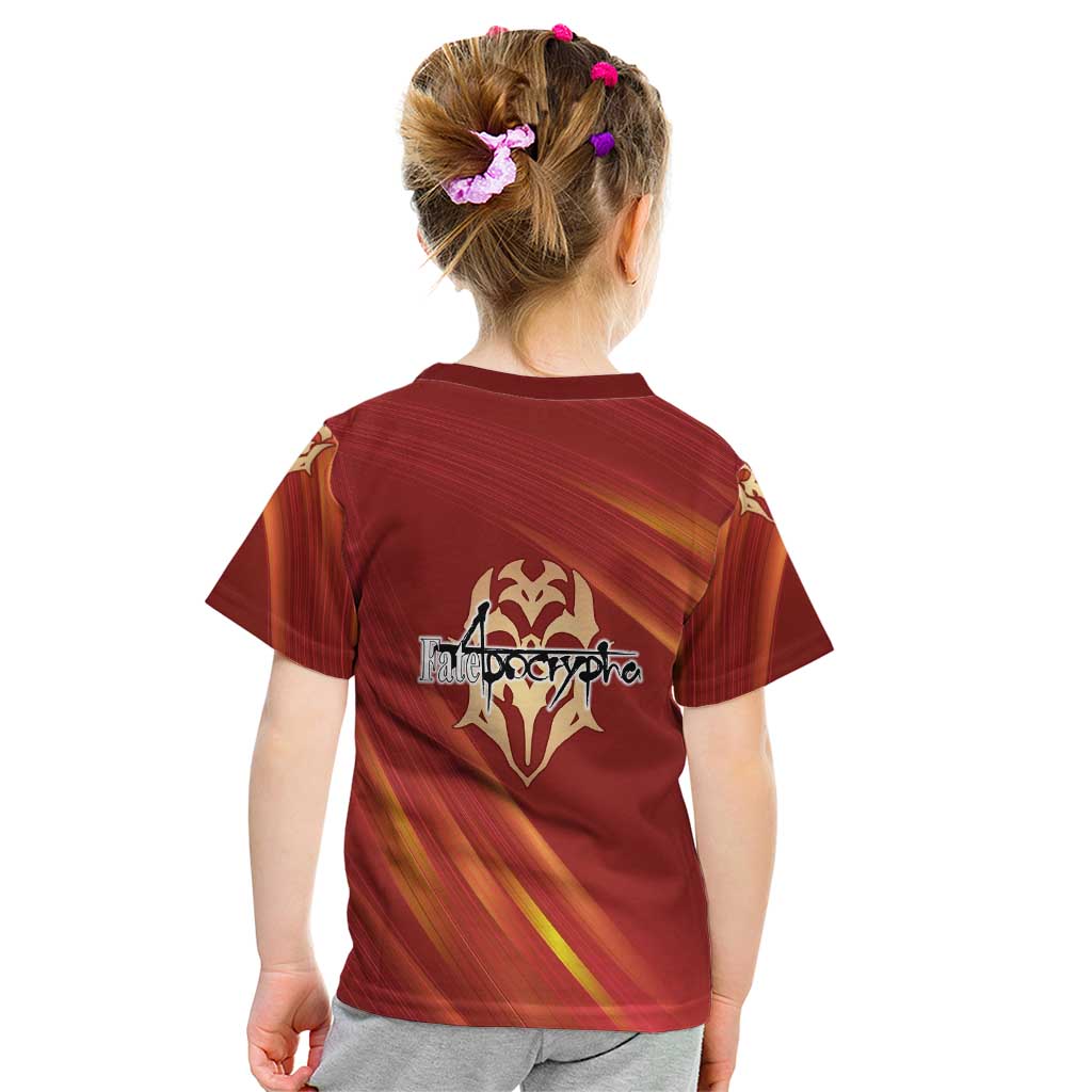 Saber of Red Fate Apocrypha Theme Kid T Shirt with Sword Pose and Fiery Red Gradient Graphic Design - The Mazicc
