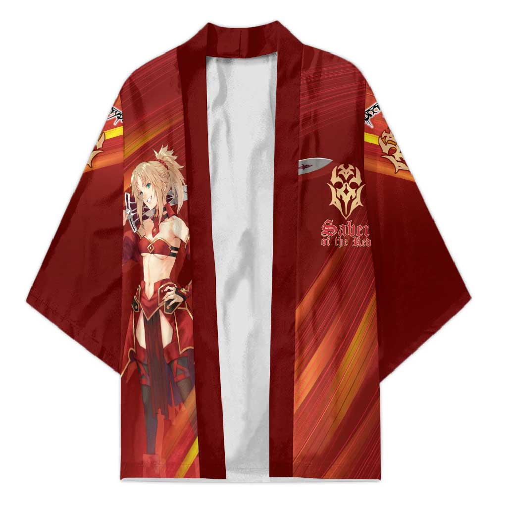 Saber of Red Fate Apocrypha Theme Kimono with Sword Pose and Fiery Red Gradient Graphic Design - The Mazicc