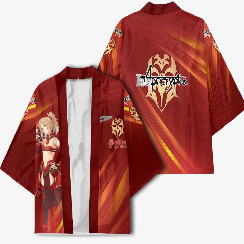 Saber of Red Fate Apocrypha Theme Kimono with Sword Pose and Fiery Red Gradient Graphic Design - The Mazicc