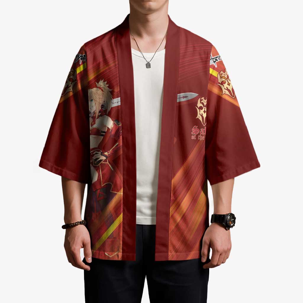 Saber of Red Fate Apocrypha Theme Kimono with Sword Pose and Fiery Red Gradient Graphic Design - The Mazicc