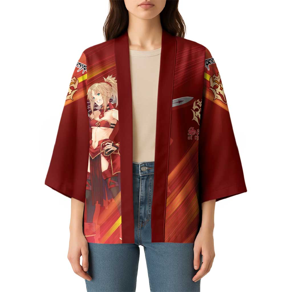 Saber of Red Fate Apocrypha Theme Kimono with Sword Pose and Fiery Red Gradient Graphic Design - The Mazicc