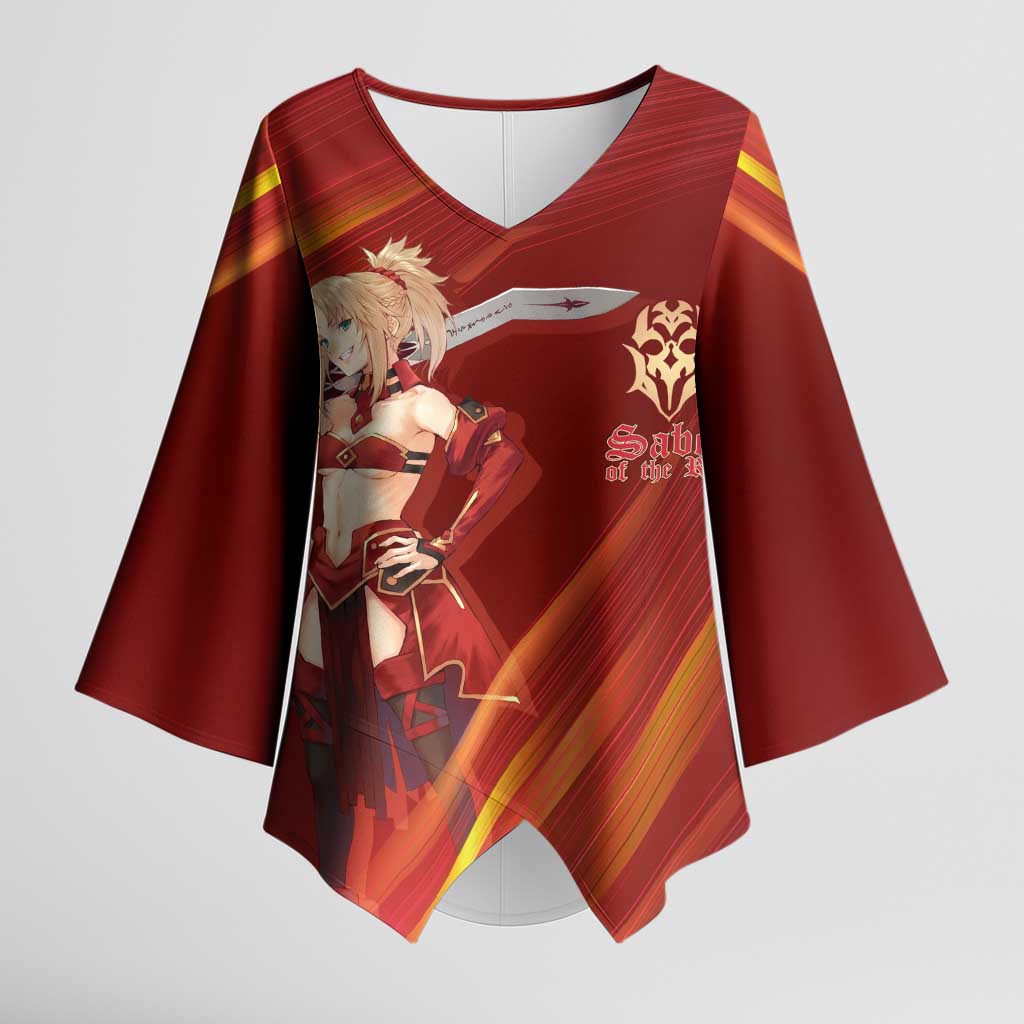 Saber of Red Fate Apocrypha Theme Kimono Sleeve Blouse with Sword Pose and Fiery Red Gradient Graphic Design - The Mazicc