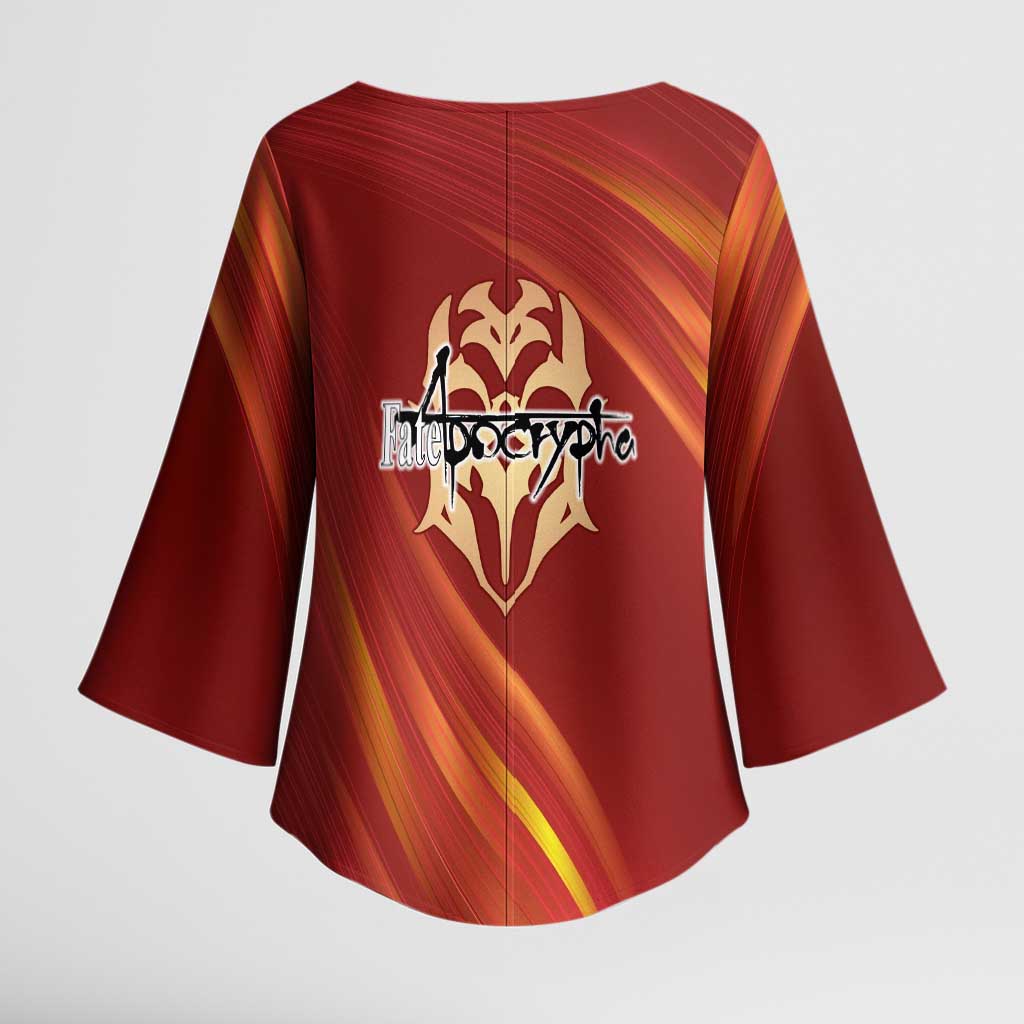 Saber of Red Fate Apocrypha Theme Kimono Sleeve Blouse with Sword Pose and Fiery Red Gradient Graphic Design - The Mazicc