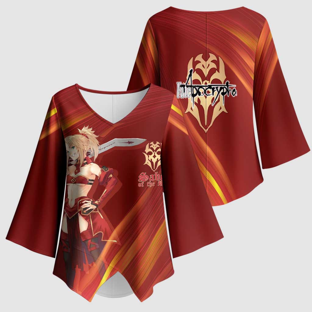 Saber of Red Fate Apocrypha Theme Kimono Sleeve Blouse with Sword Pose and Fiery Red Gradient Graphic Design - The Mazicc
