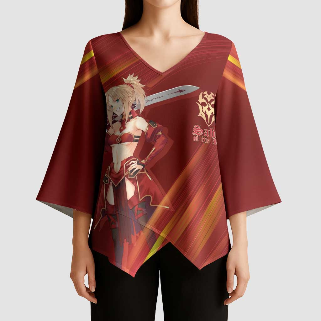 Saber of Red Fate Apocrypha Theme Kimono Sleeve Blouse with Sword Pose and Fiery Red Gradient Graphic Design - The Mazicc