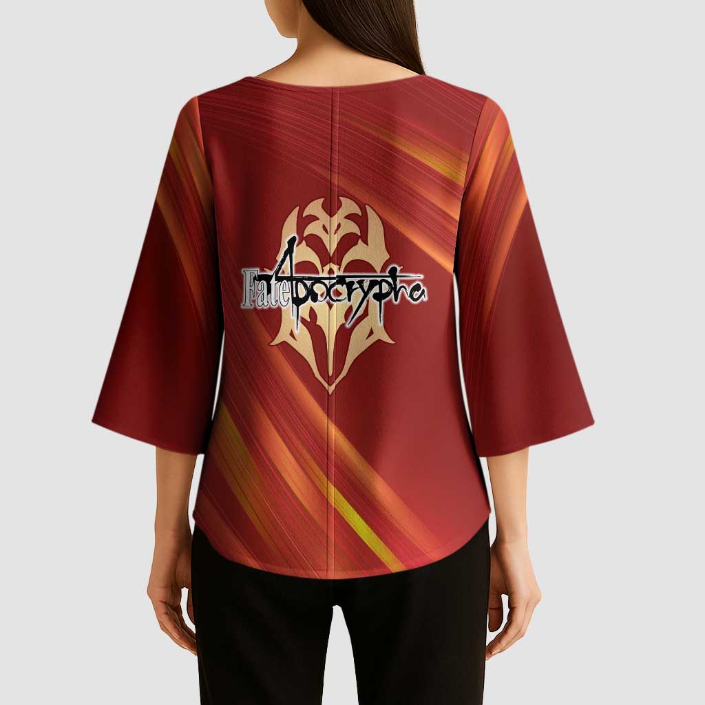 Saber of Red Fate Apocrypha Theme Kimono Sleeve Blouse with Sword Pose and Fiery Red Gradient Graphic Design - The Mazicc