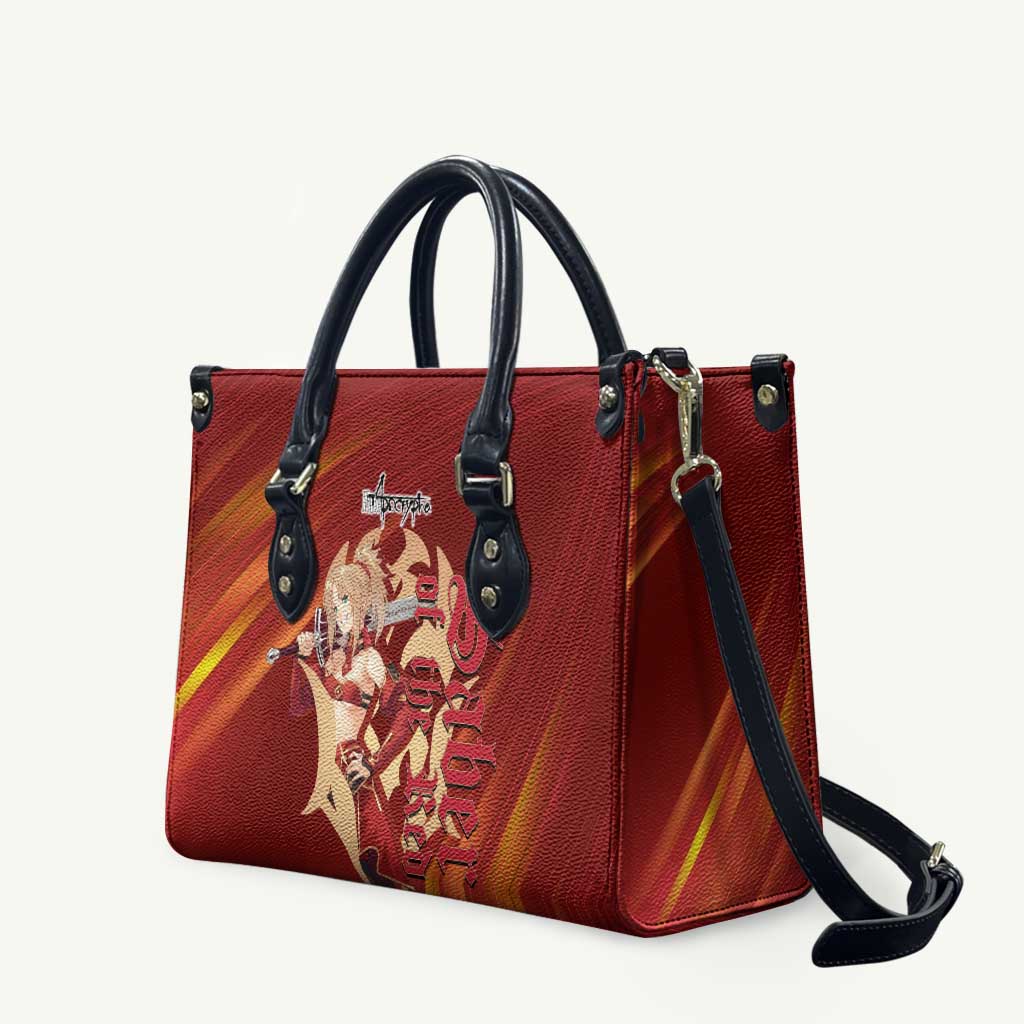 Saber of Red Fate Apocrypha Theme Leather Bag with Sword Pose and Fiery Red Gradient Graphic Design - The Mazicc
