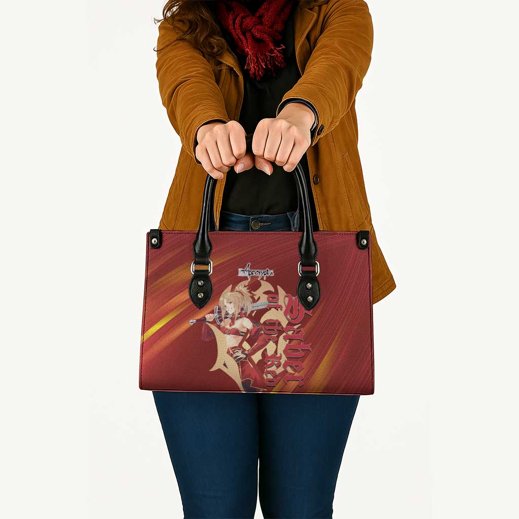 Saber of Red Fate Apocrypha Theme Leather Bag with Sword Pose and Fiery Red Gradient Graphic Design - The Mazicc