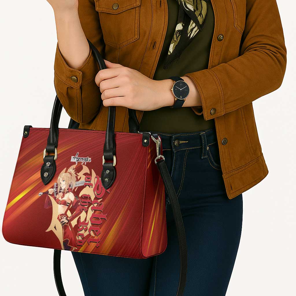 Saber of Red Fate Apocrypha Theme Leather Bag with Sword Pose and Fiery Red Gradient Graphic Design - The Mazicc