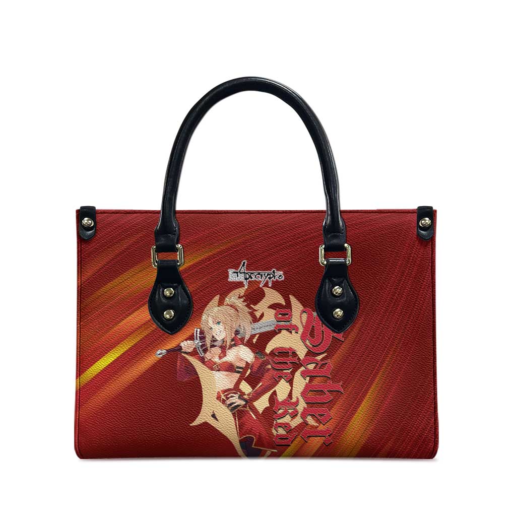 Saber of Red Fate Apocrypha Theme Leather Bag with Sword Pose and Fiery Red Gradient Graphic Design - The Mazicc