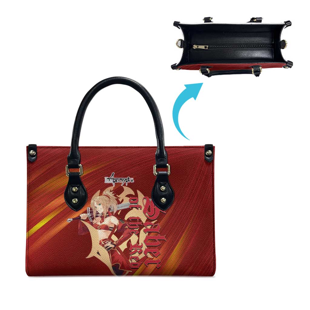 Saber of Red Fate Apocrypha Theme Leather Bag with Sword Pose and Fiery Red Gradient Graphic Design - The Mazicc