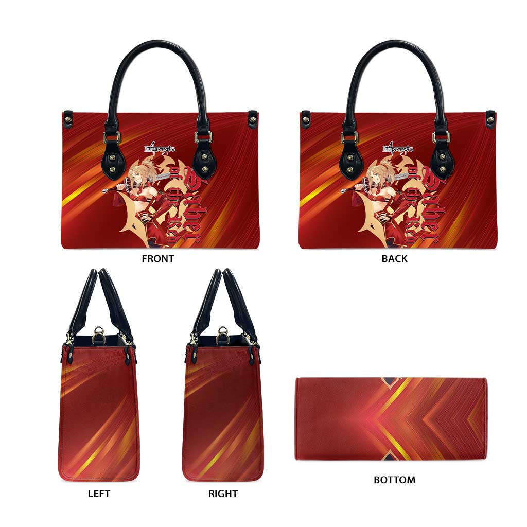Saber of Red Fate Apocrypha Theme Leather Bag with Sword Pose and Fiery Red Gradient Graphic Design - The Mazicc