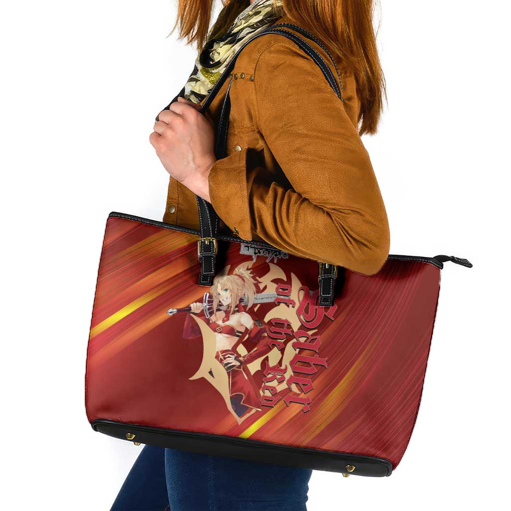 Saber of Red Fate Apocrypha Theme Leather Tote Bag with Sword Pose and Fiery Red Gradient Graphic Design - The Mazicc