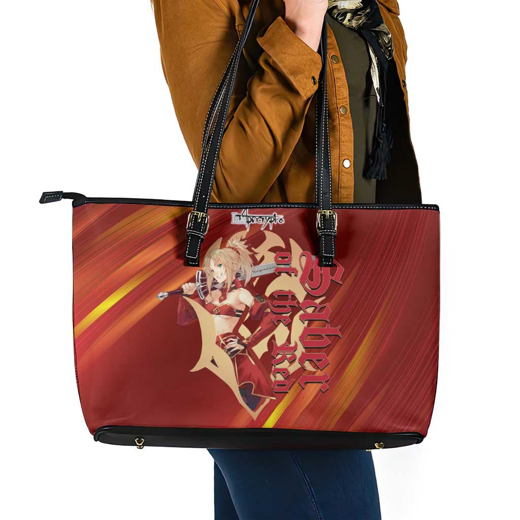 Saber of Red Fate Apocrypha Theme Leather Tote Bag with Sword Pose and Fiery Red Gradient Graphic Design - The Mazicc