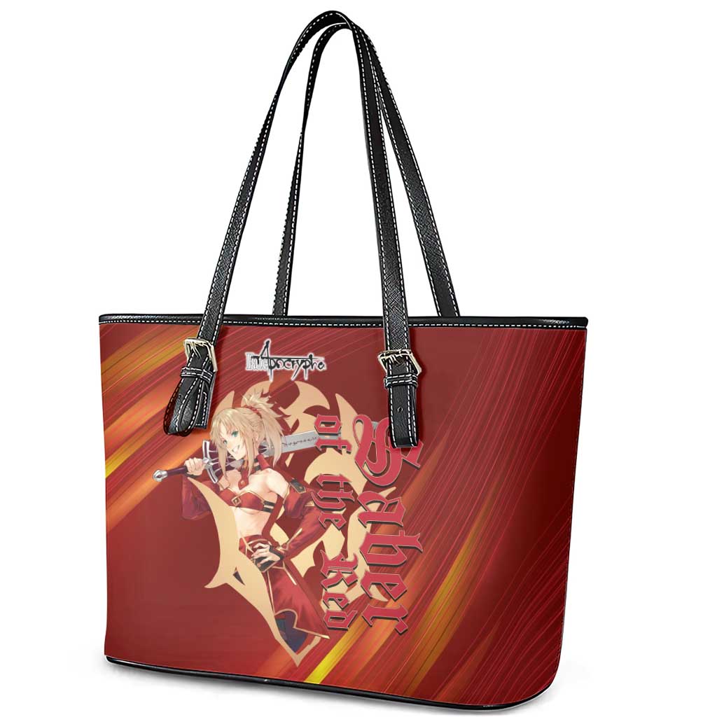 Saber of Red Fate Apocrypha Theme Leather Tote Bag with Sword Pose and Fiery Red Gradient Graphic Design - The Mazicc