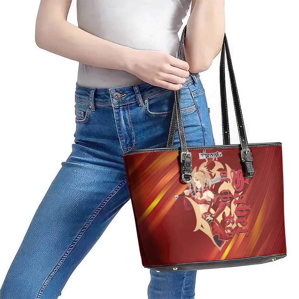 Saber of Red Fate Apocrypha Theme Leather Tote Bag with Sword Pose and Fiery Red Gradient Graphic Design - The Mazicc