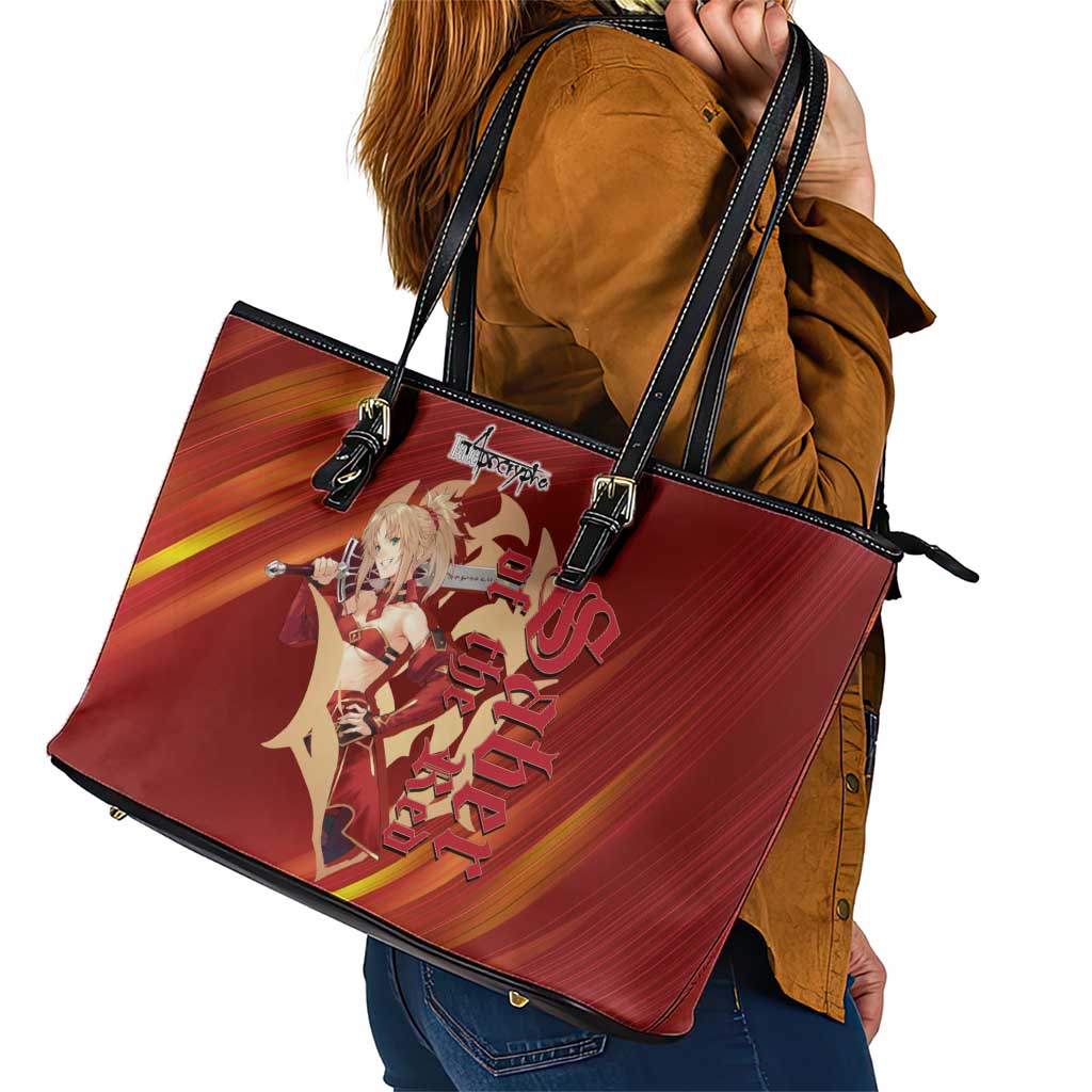 Saber of Red Fate Apocrypha Theme Leather Tote Bag with Sword Pose and Fiery Red Gradient Graphic Design - The Mazicc