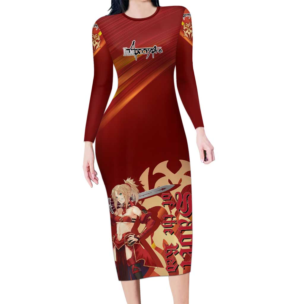 Saber of Red Fate Apocrypha Theme Long Sleeve Bodycon Dress with Sword Pose and Fiery Red Gradient Graphic Design - The Mazicc