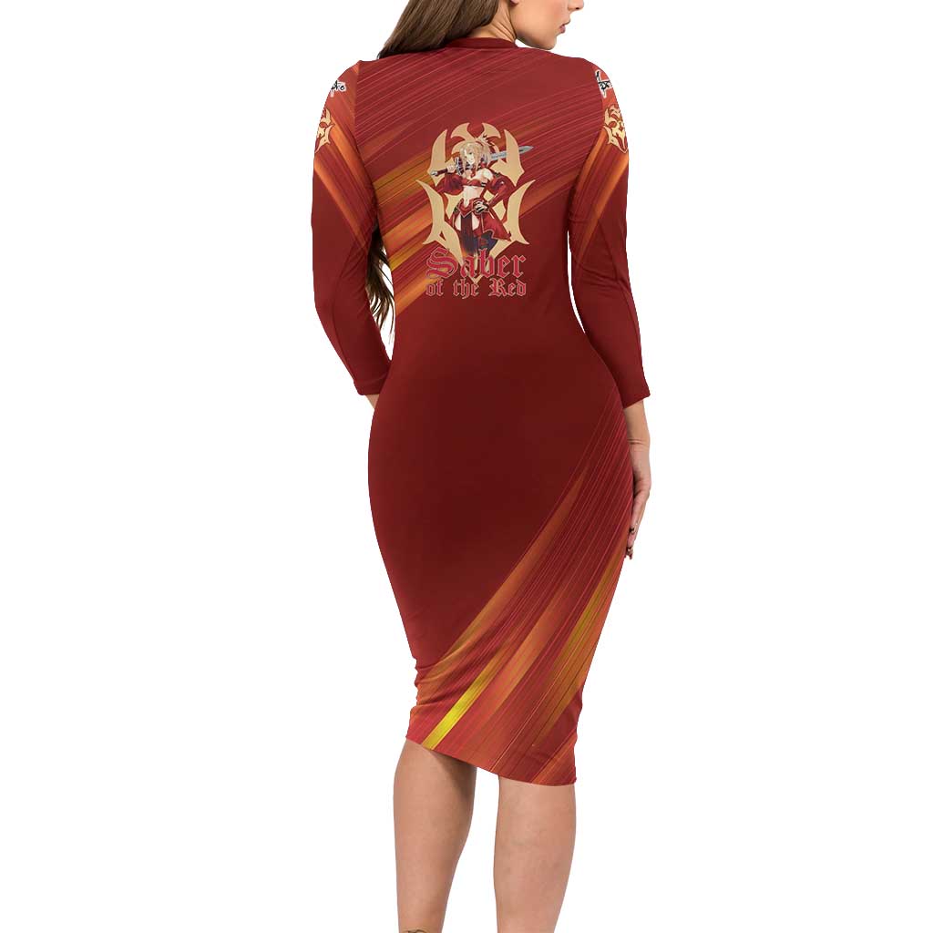 Saber of Red Fate Apocrypha Theme Long Sleeve Bodycon Dress with Sword Pose and Fiery Red Gradient Graphic Design - The Mazicc