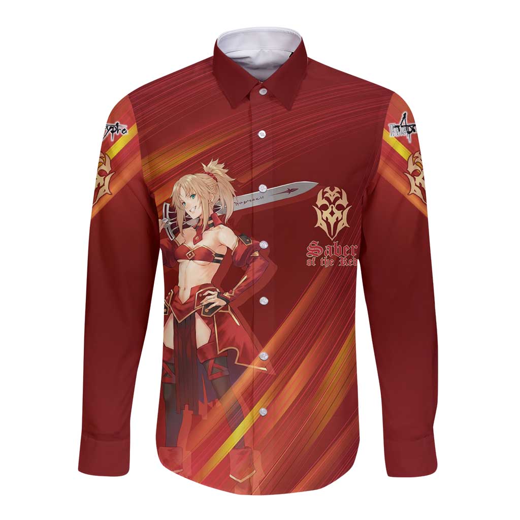 Saber of Red Fate Apocrypha Theme Long Sleeve Button Shirt with Sword Pose and Fiery Red Gradient Graphic Design - The Mazicc