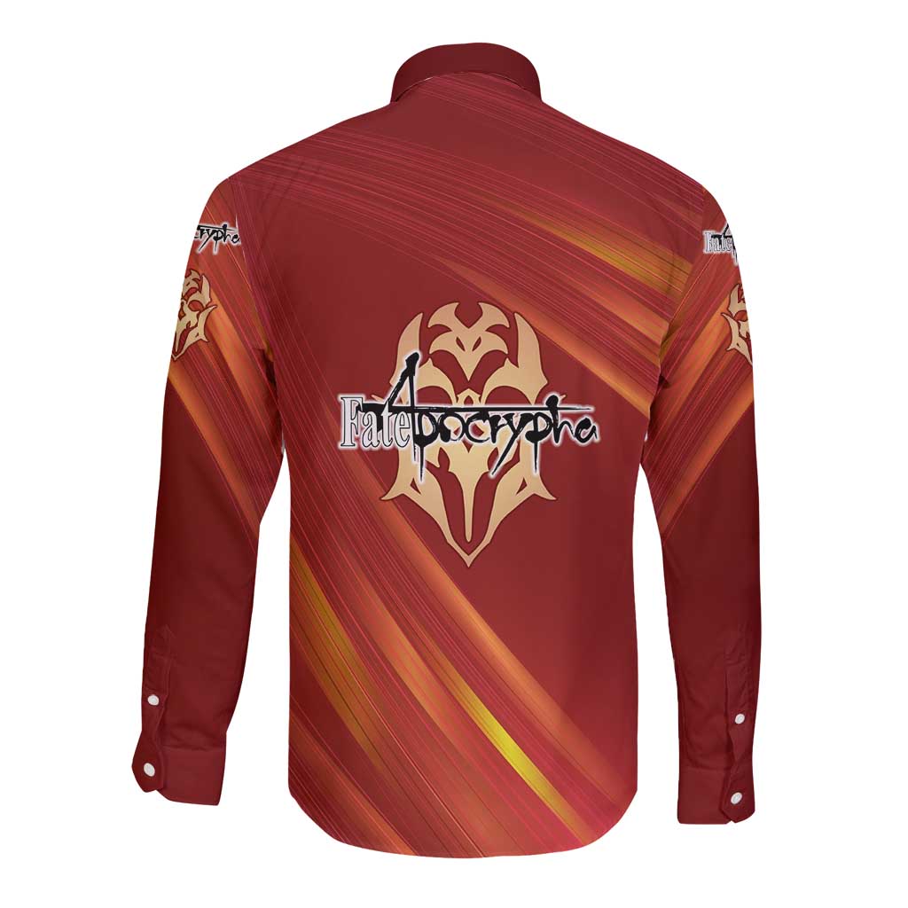 Saber of Red Fate Apocrypha Theme Long Sleeve Button Shirt with Sword Pose and Fiery Red Gradient Graphic Design - The Mazicc