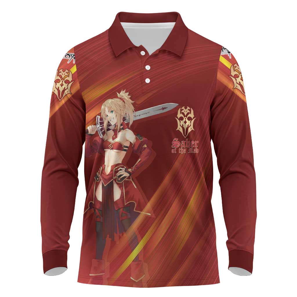 Saber of Red Fate Apocrypha Theme Long Sleeve Polo Shirt with Sword Pose and Fiery Red Gradient Graphic Design - The Mazicc