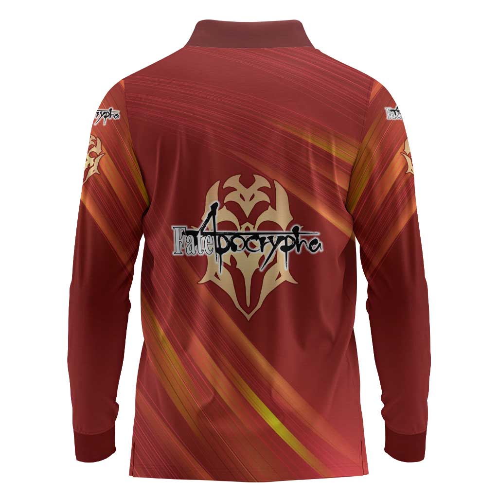 Saber of Red Fate Apocrypha Theme Long Sleeve Polo Shirt with Sword Pose and Fiery Red Gradient Graphic Design - The Mazicc