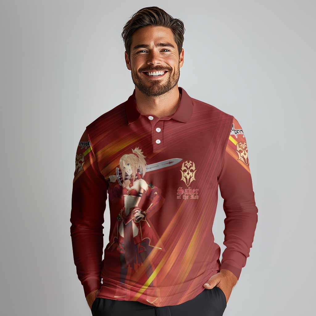 Saber of Red Fate Apocrypha Theme Long Sleeve Polo Shirt with Sword Pose and Fiery Red Gradient Graphic Design - The Mazicc