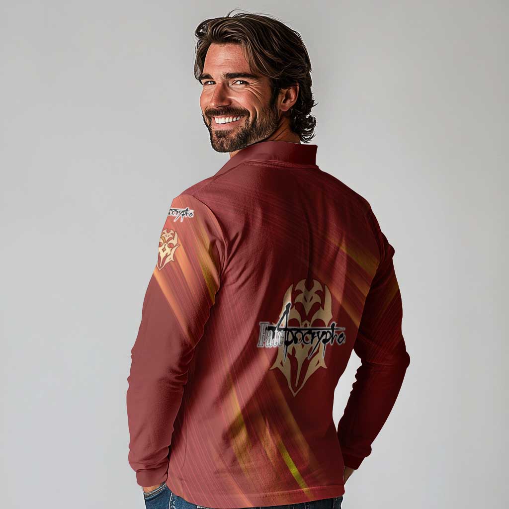 Saber of Red Fate Apocrypha Theme Long Sleeve Polo Shirt with Sword Pose and Fiery Red Gradient Graphic Design - The Mazicc