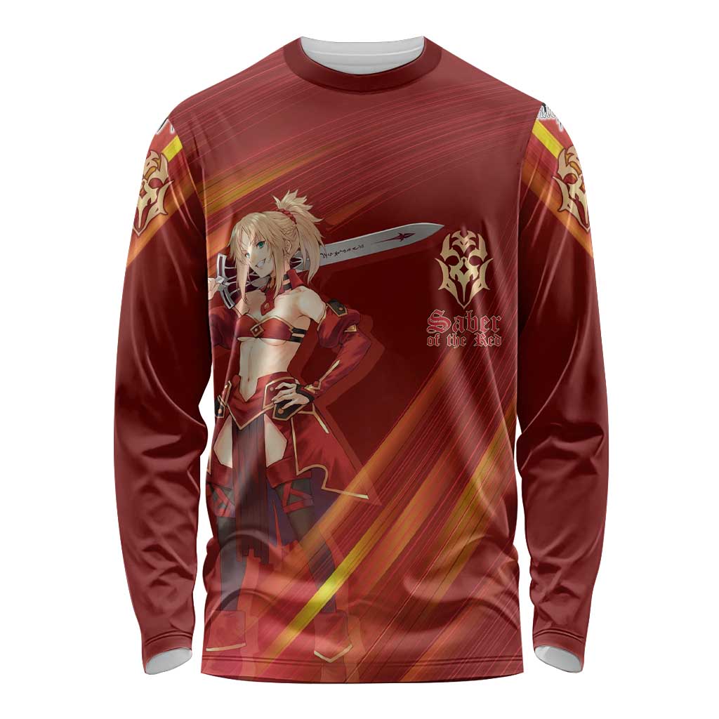 Saber of Red Fate Apocrypha Theme Long Sleeve Shirt with Sword Pose and Fiery Red Gradient Graphic Design - The Mazicc