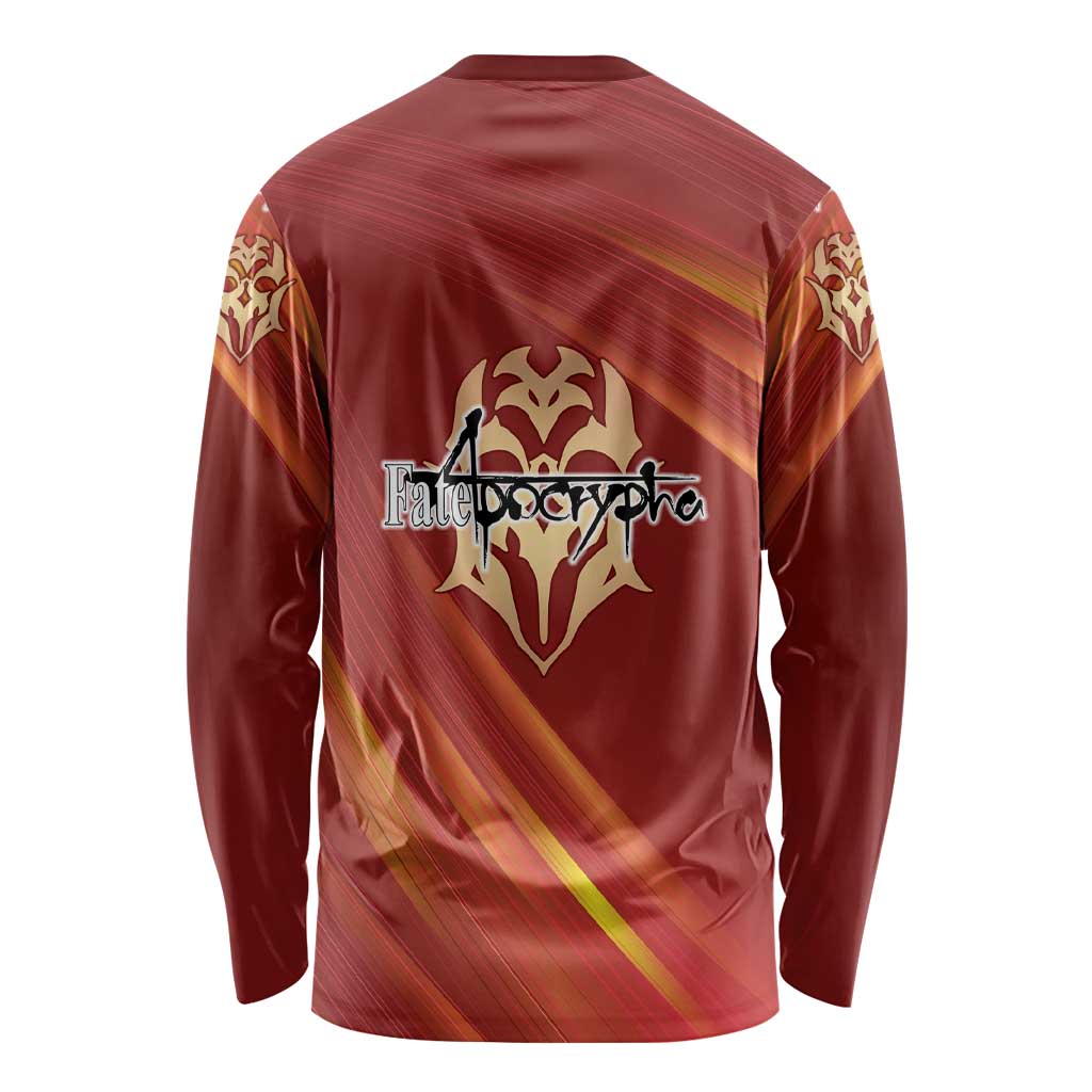 Saber of Red Fate Apocrypha Theme Long Sleeve Shirt with Sword Pose and Fiery Red Gradient Graphic Design - The Mazicc