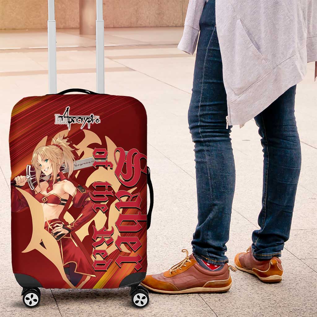 Saber of Red Fate Apocrypha Theme Luggage Cover with Sword Pose and Fiery Red Gradient Graphic Design - The Mazicc