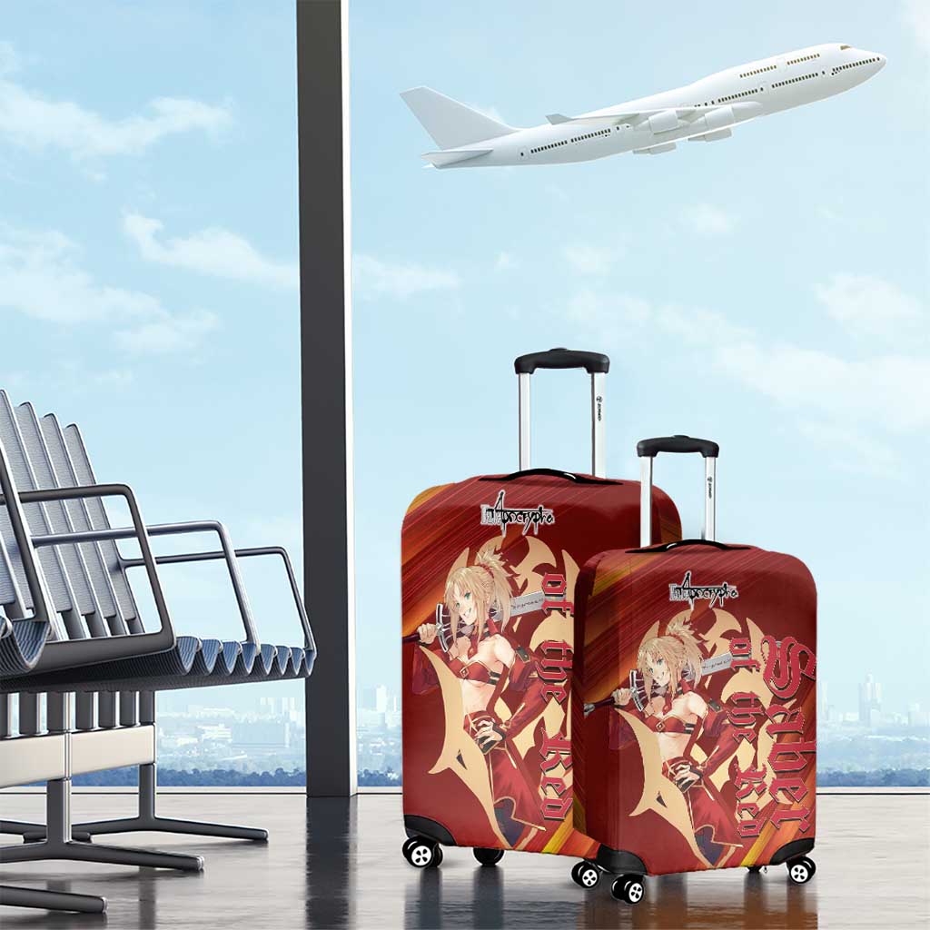 Saber of Red Fate Apocrypha Theme Luggage Cover with Sword Pose and Fiery Red Gradient Graphic Design - The Mazicc