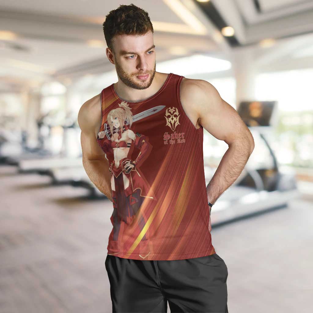 Saber of Red Fate Apocrypha Theme Men Tank Top with Sword Pose and Fiery Red Gradient Graphic Design - The Mazicc