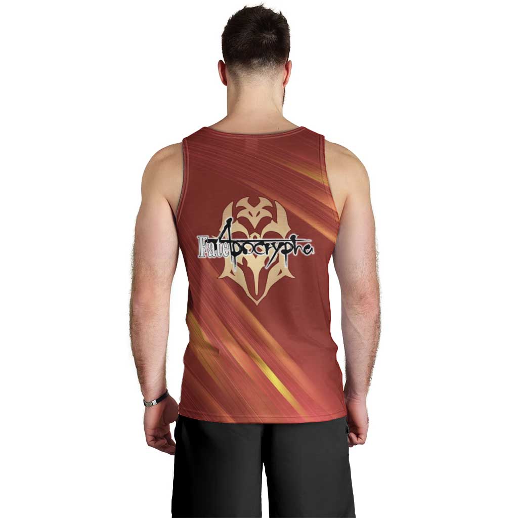 Saber of Red Fate Apocrypha Theme Men Tank Top with Sword Pose and Fiery Red Gradient Graphic Design - The Mazicc