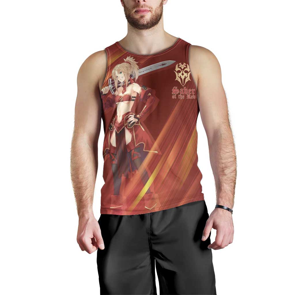 Saber of Red Fate Apocrypha Theme Men Tank Top with Sword Pose and Fiery Red Gradient Graphic Design - The Mazicc