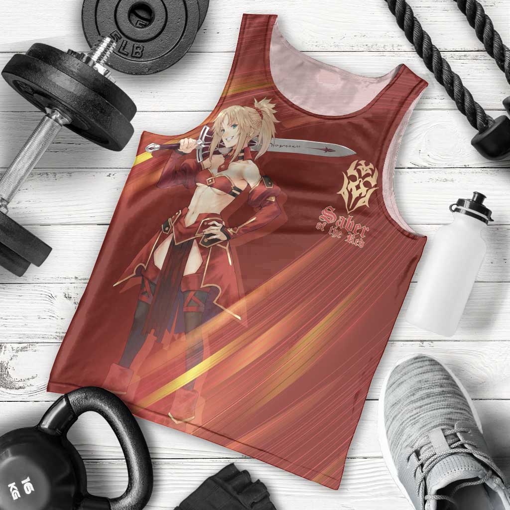 Saber of Red Fate Apocrypha Theme Men Tank Top with Sword Pose and Fiery Red Gradient Graphic Design - The Mazicc