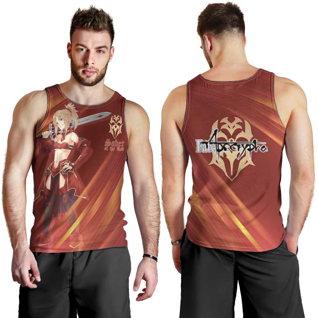 Saber of Red Fate Apocrypha Theme Men Tank Top with Sword Pose and Fiery Red Gradient Graphic Design - The Mazicc