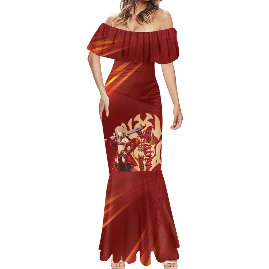 Saber of Red Fate Apocrypha Theme Mermaid Dress with Sword Pose and Fiery Red Gradient Graphic Design - The Mazicc