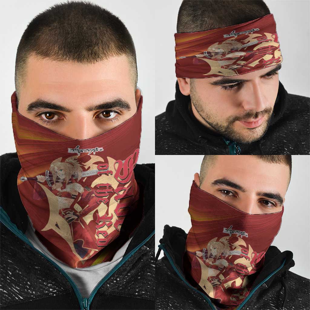 Saber of Red Fate Apocrypha Theme Neck Gaiter with Sword Pose and Fiery Red Gradient Graphic Design - The Mazicc