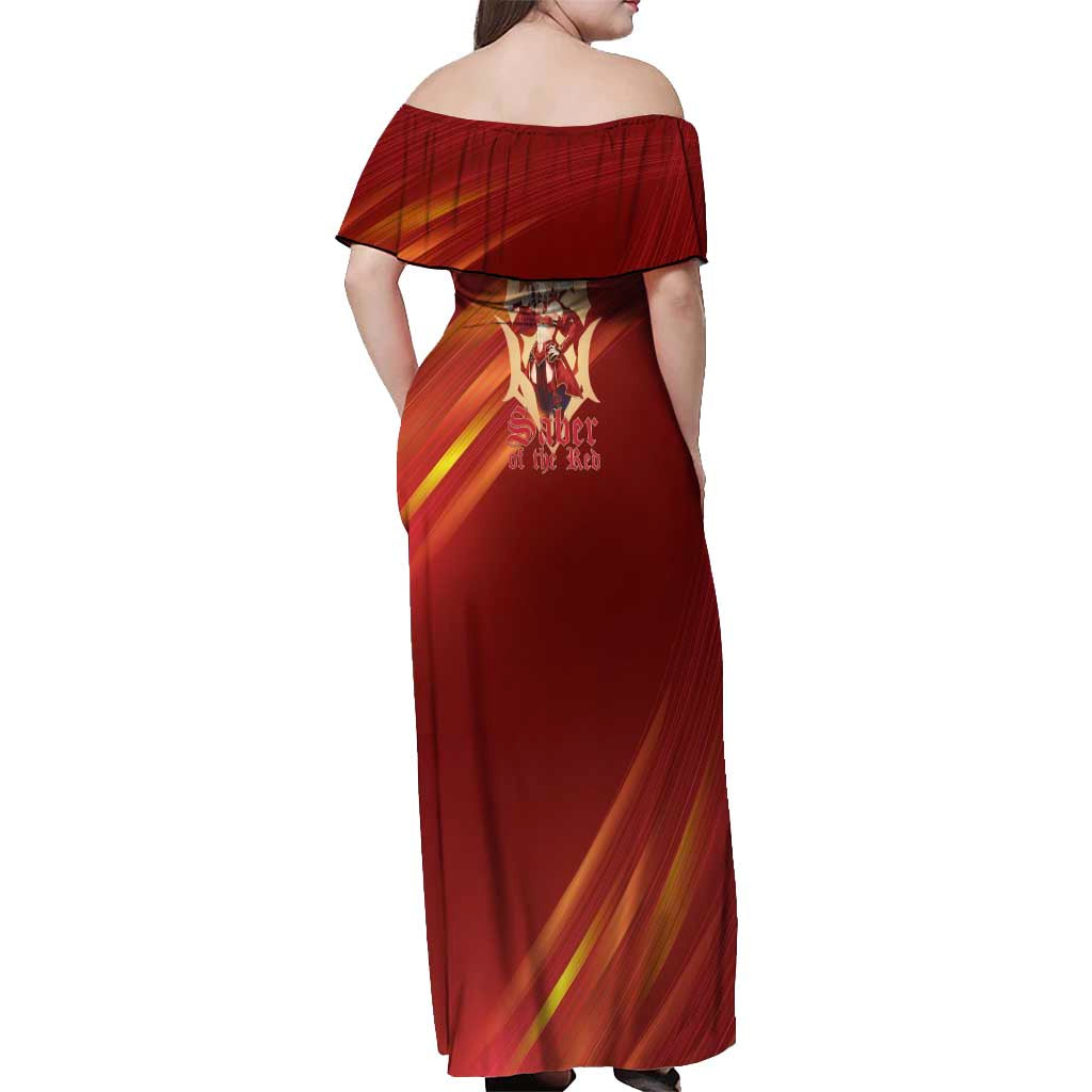 Saber of Red Fate Apocrypha Theme Off Shoulder Maxi Dress with Sword Pose and Fiery Red Gradient Graphic Design - The Mazicc