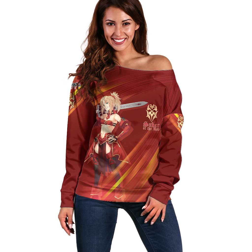 Saber of Red Fate Apocrypha Theme Off Shoulder Sweater with Sword Pose and Fiery Red Gradient Graphic Design - The Mazicc